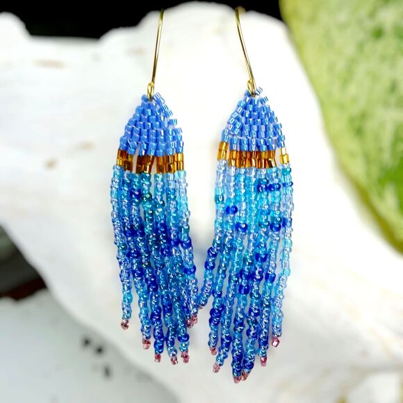Blue Beaded Fringe Dangle Earrings, Seed Bead Boho Chic Statement Artisan - Picture 1 of 9